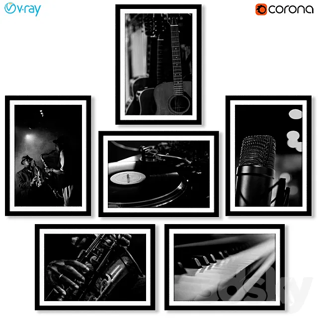 A series of black and white posters with musical instruments. 3D Model A series of black and white posters with musical instruments. 3D Model