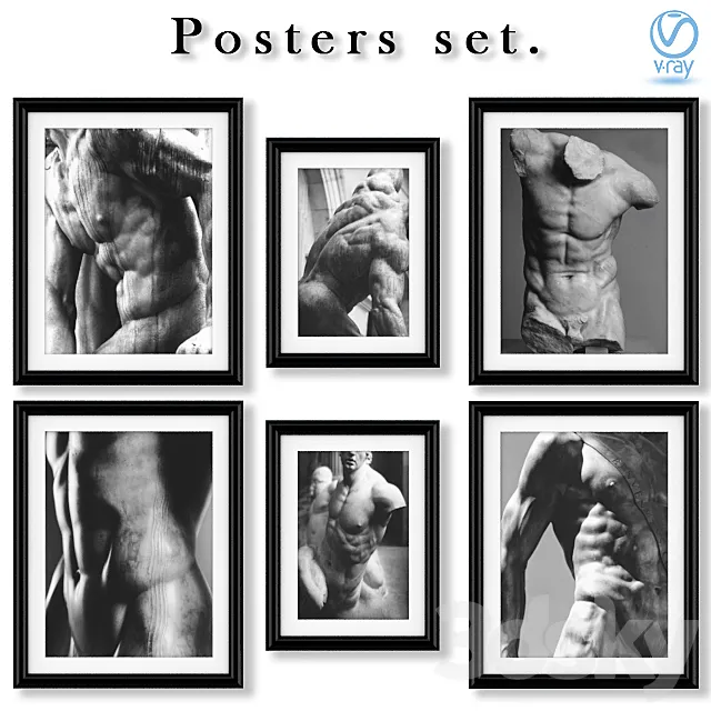 A series of black and white posters with statues. 3D Model A series of black and white posters with statues. 3D Model