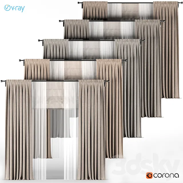 A series of brown curtains with white tulle + Roman blinds. 3D Model A series of brown curtains with white tulle + Roman blinds. 3D Model