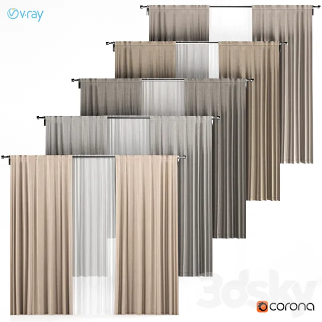 A series of five brown and gray curtains with white tulle. 3D Model A series of five brown and gray curtains with white tulle. 3D Model