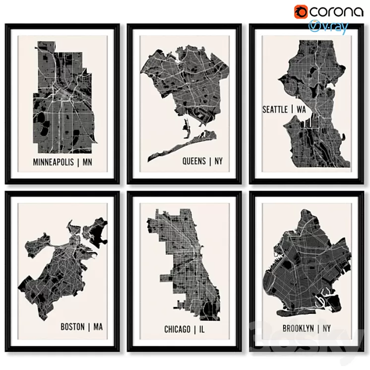 A series of posters with maps of cities and regions. 3D Model