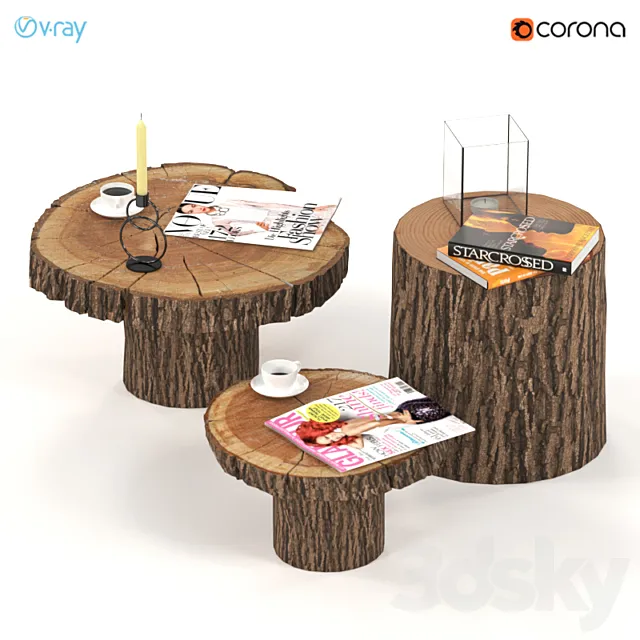 A set of coffee tables from slabs and stumps. 3D Model A set of coffee tables from slabs and stumps. 3D Model