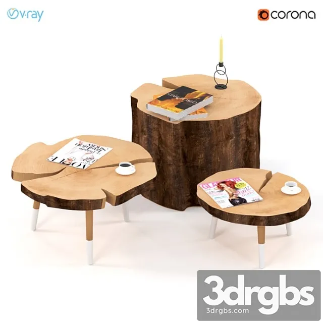A set of coffee tables made of stumps and slabs. 2 3D Model Download A set of coffee tables made of stumps and slabs. 2 3D Model Download