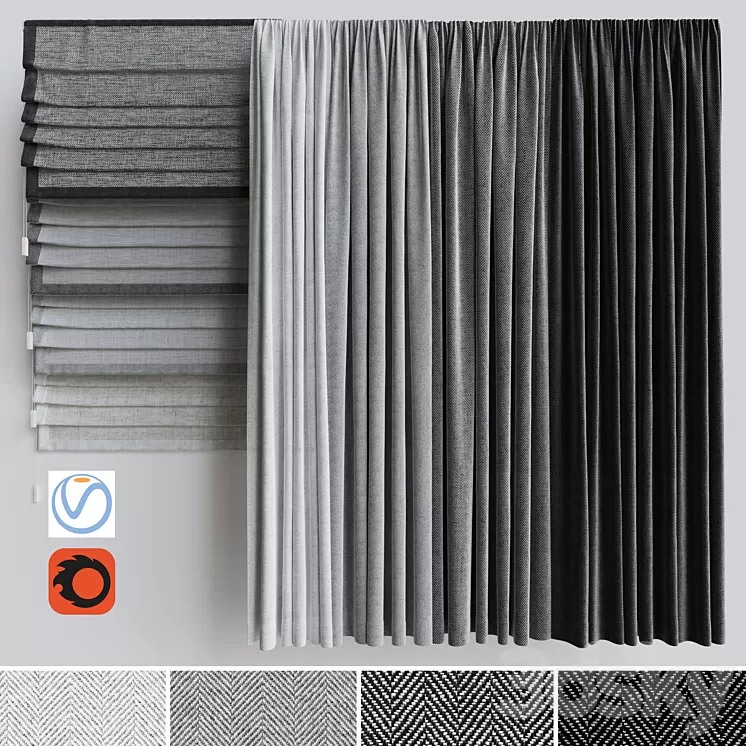 A set of curtains + a set of Roman curtains 1. Gray scale 3D Model A set of curtains + a set of Roman curtains 1. Gray scale 3D Model