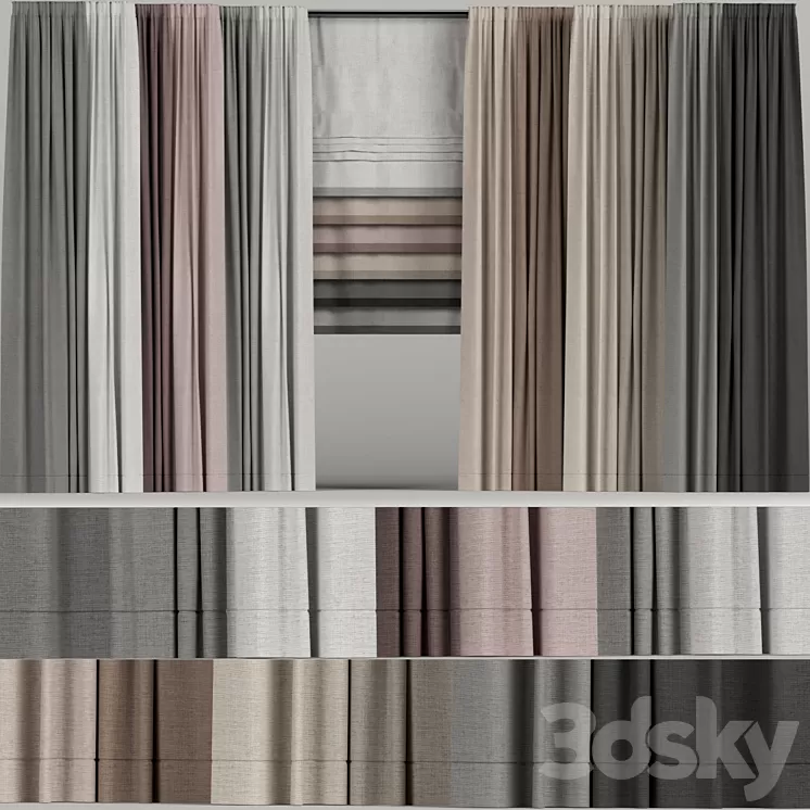 A set of curtains in different colors with a roman curtain. 3D Model A set of curtains in different colors with a roman curtain. 3D Model