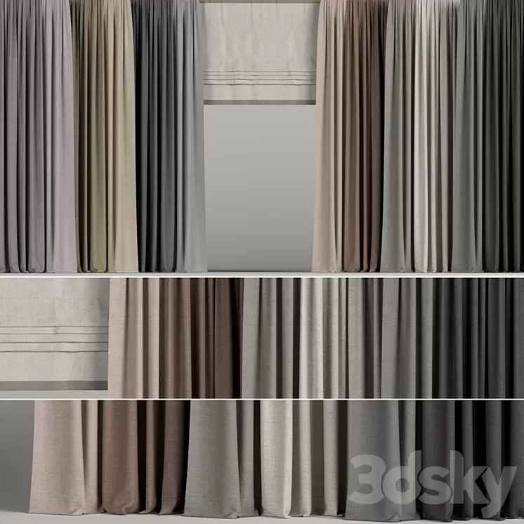 A set of curtains in different colors with a roman curtain. 3D Model A set of curtains in different colors with a roman curtain. 3D Model