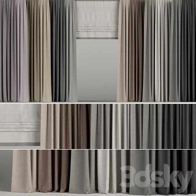 A set of curtains in different colors with a roman curtain. 3DModel A set of curtains in different colors with a roman curtain. 3DModel