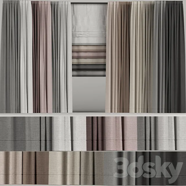 A set of curtains in different colors with a roman curtain. 3DModel