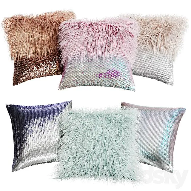 A set of decorative pillows with fur and sequins 3D Model A set of decorative pillows with fur and sequins 3D Model