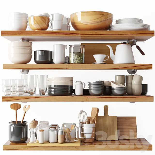 A set of dishes and kitchen utensils. Plate teapot glass plate 3D Model