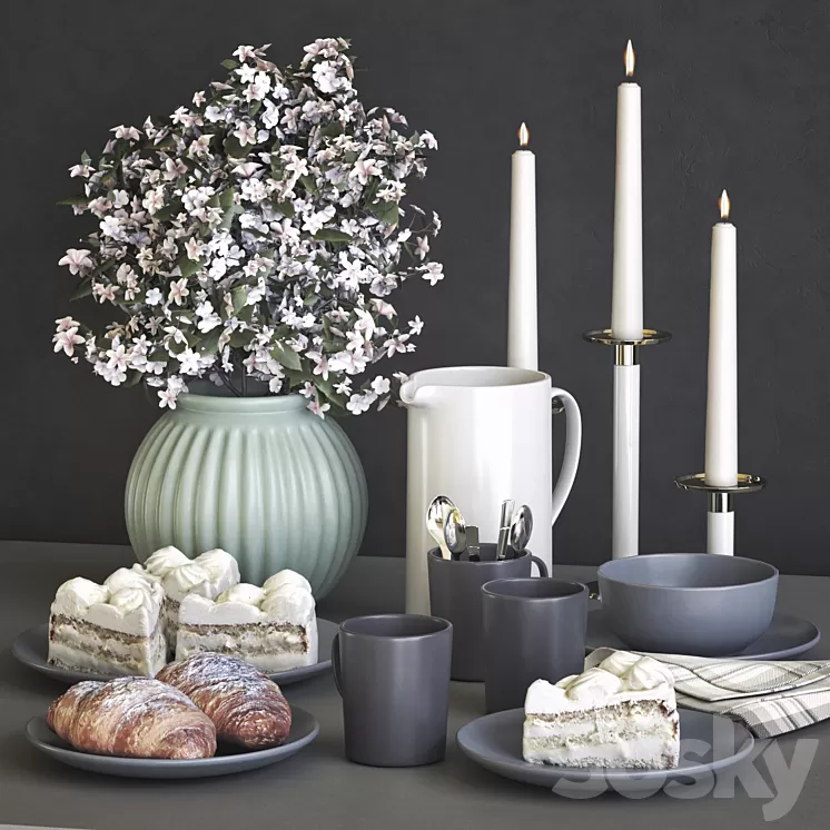 A set of dishes IKEA with a croissant and cake 3D Model