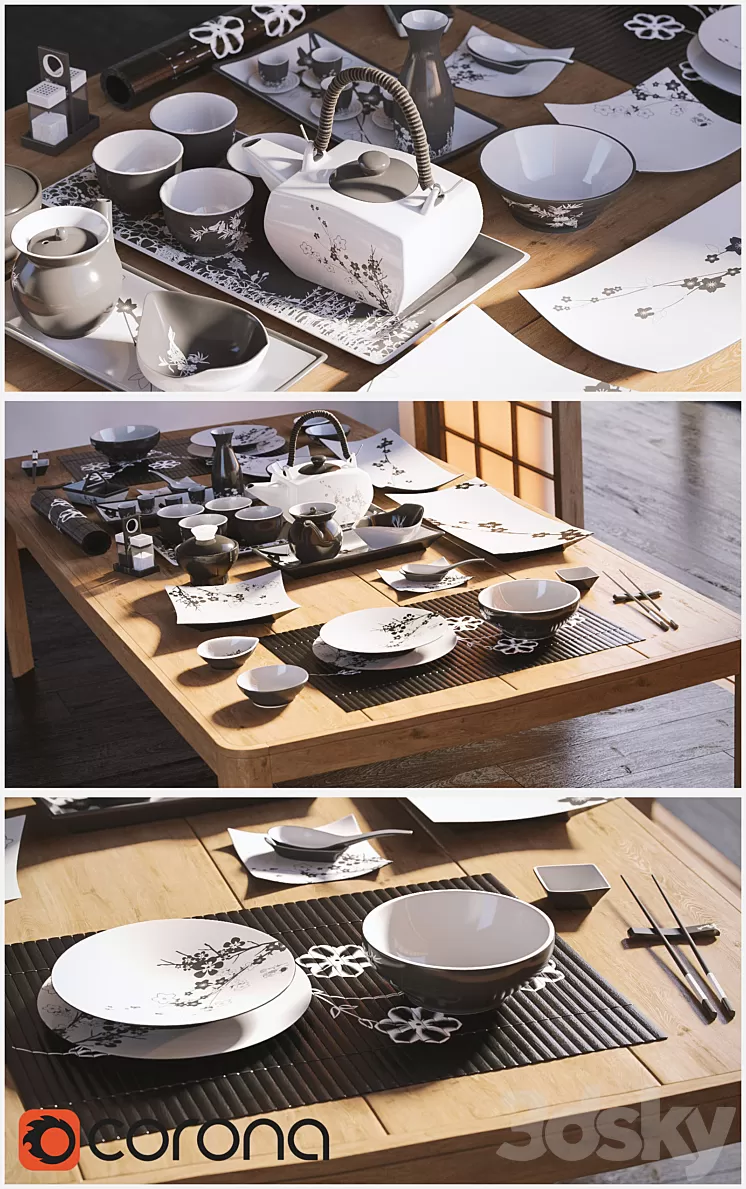 A set of dishes in the Japanese style. \/ Japanese-style tableware. 3D Model