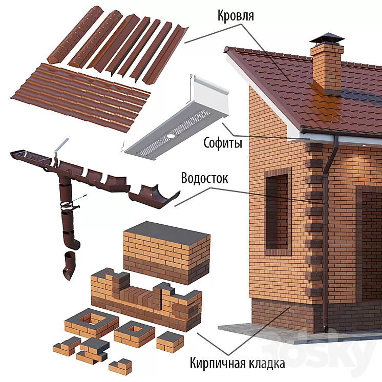 A set of elements for building a brick house 3D Model A set of elements for building a brick house 3D Model