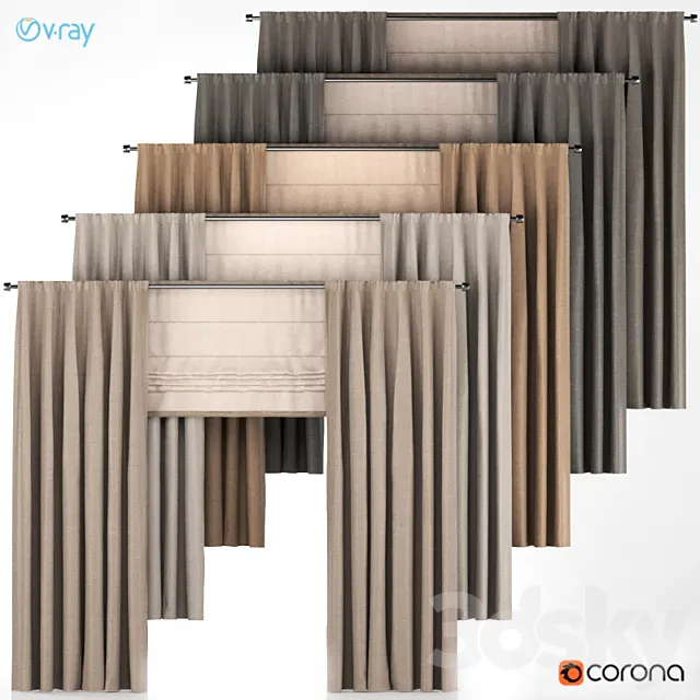 A set of five brown curtains. 3D Model A set of five brown curtains. 3D Model