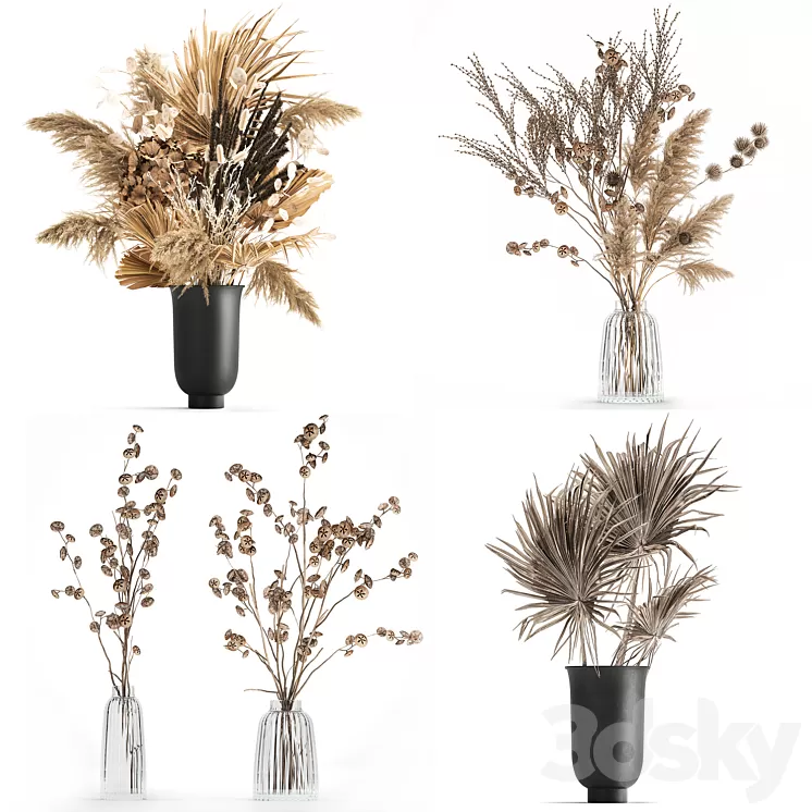A set of flower bouquets in vases of dried flowers palm branch pampas grass reed grass hydrangea thorns. 283 3D Model Free Download