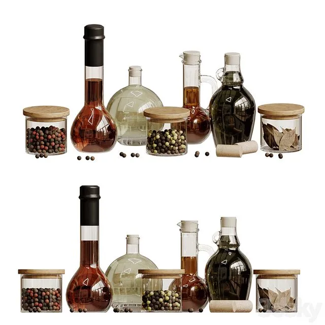 A Set of Kitchen Jars with Oil and Pepper 3D Model