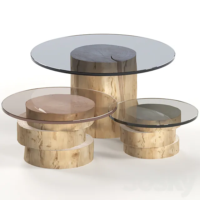 A set of light tables from stumps and slabs with glass tops. 3D Model A set of light tables from stumps and slabs with glass tops. 3D Model