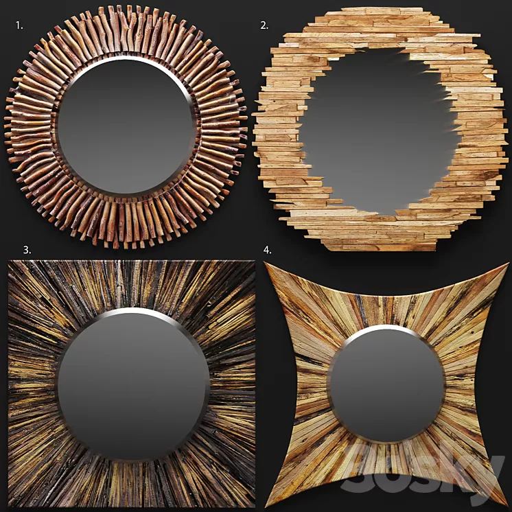 A set of mirrors tree. round wooden eco style design 3D Model