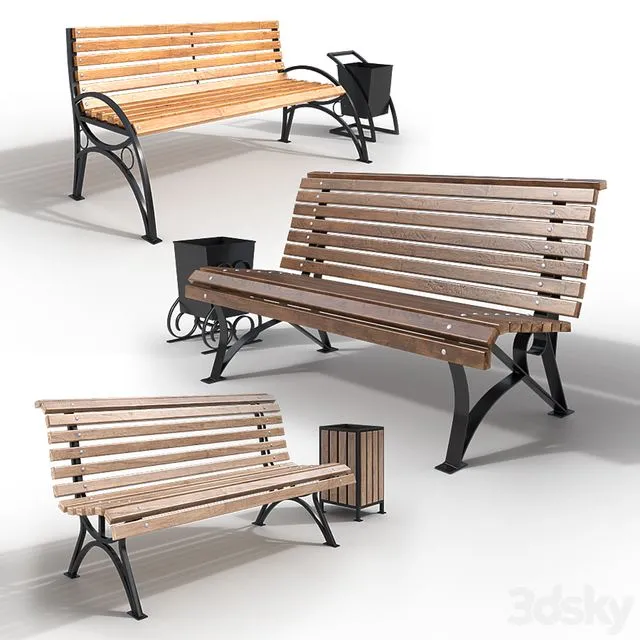 A set of park benches with urns 3D Model
