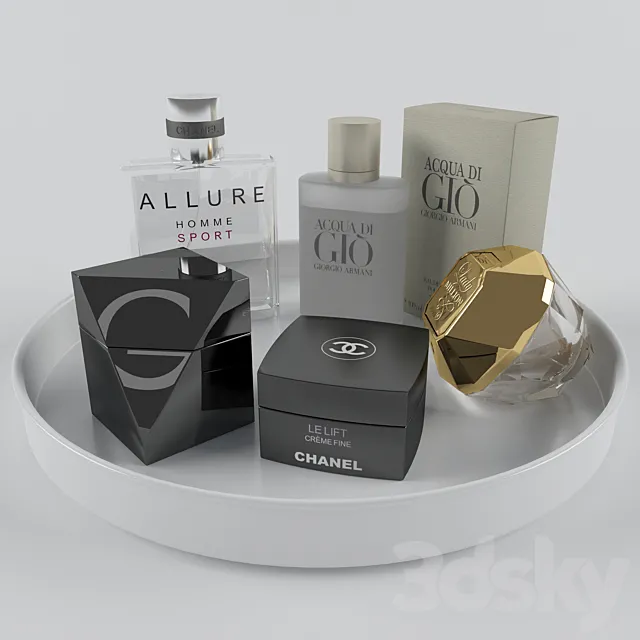A set of perfume on a tray 3D Model