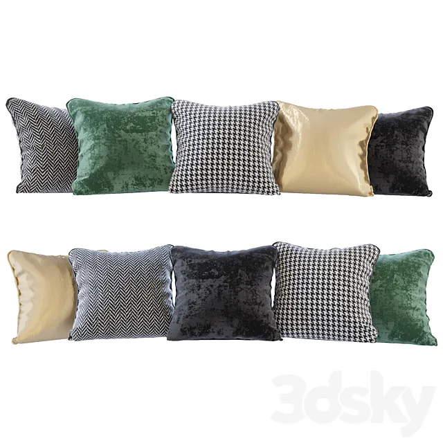 A set of pillows: black. green velvet. chevron. goose paw and gold (Pillows black green velvet chevron houndstooth and gold) 3DModel A set of pillows: black. green velvet. chevron. goose paw and gold (Pillows black green velvet chevron houndstooth and gold) 3DModel