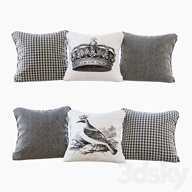 A set of pillows with prints: bird. crown. chevron and goose paw (Pillows bird crown chevron and houndstooth) 3DModel A set of pillows with prints: bird. crown. chevron and goose paw (Pillows bird crown chevron and houndstooth) 3DModel