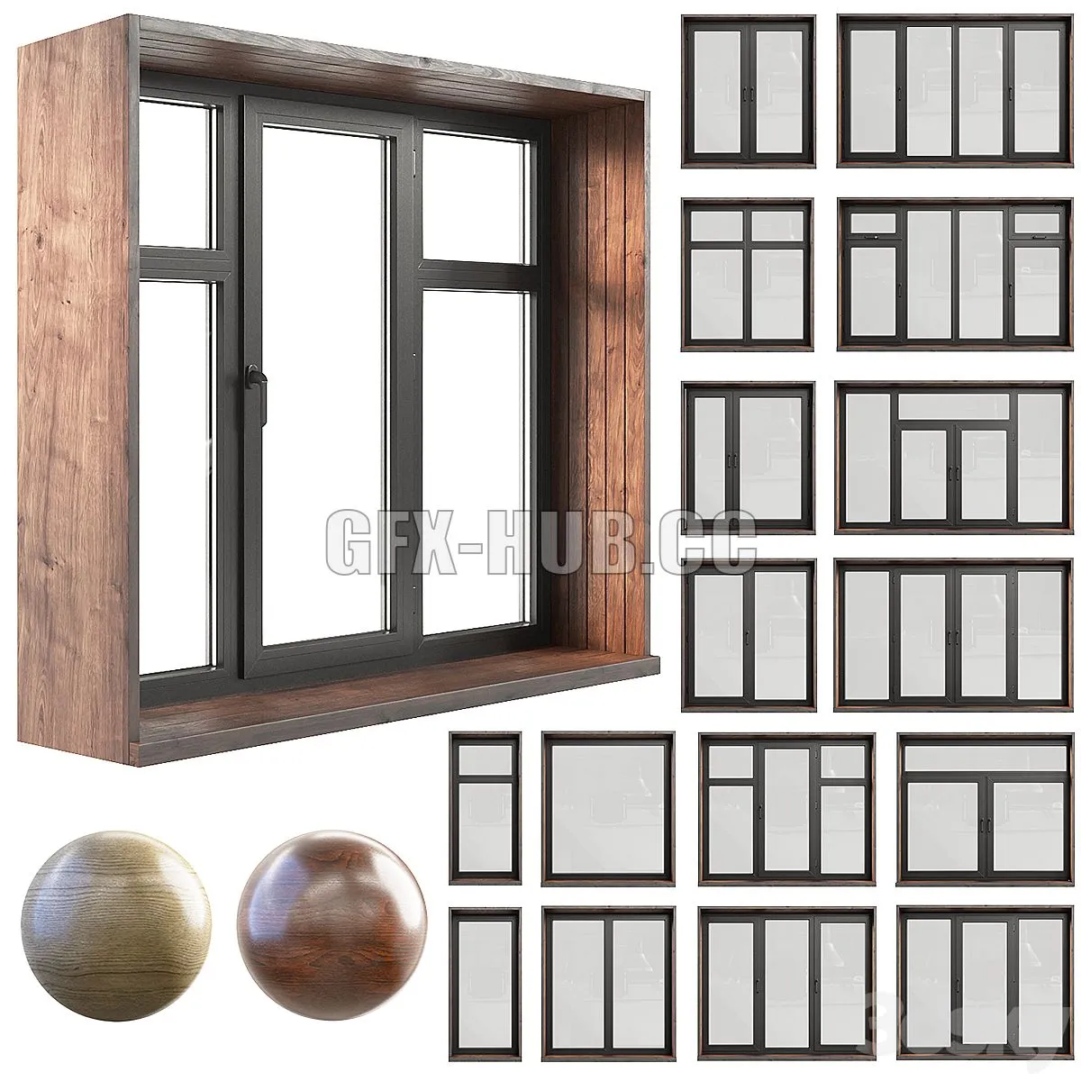 A set of plastic windows with wooden trim 3D Model
