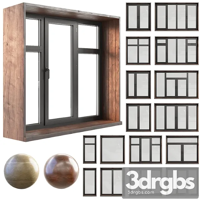 A Set Of Plastic Windows With Wooden Trim 3D Model Download
