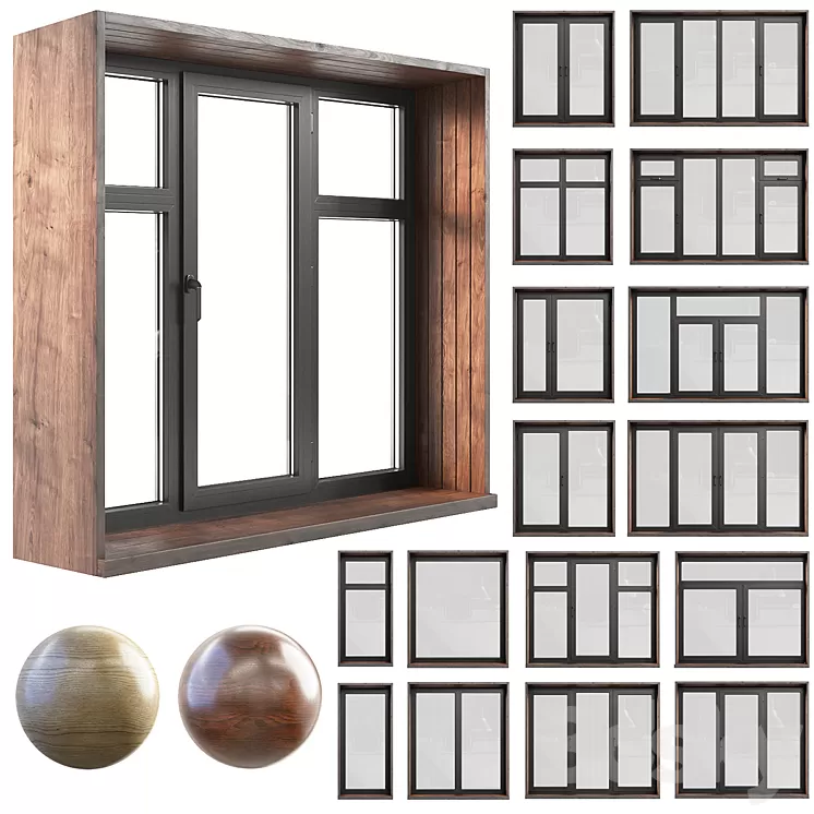 A set of plastic windows with wooden trim. 3D Model Free Download