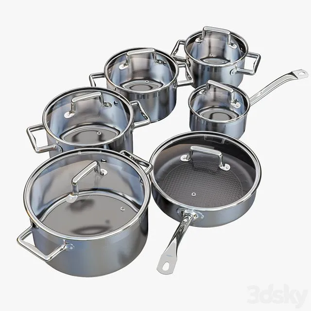 A set of stainless steel saucepans. Queen Ruby Company 3D Model