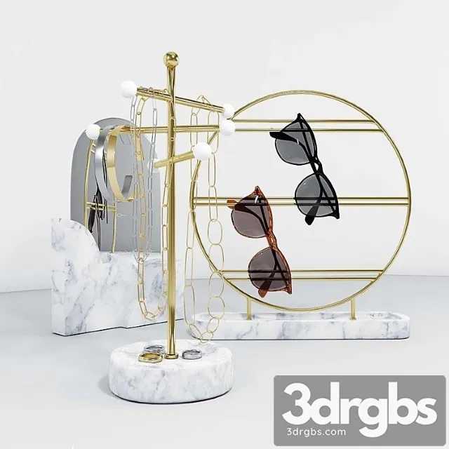 A set of stands for jewelry and glasses with a mirror.