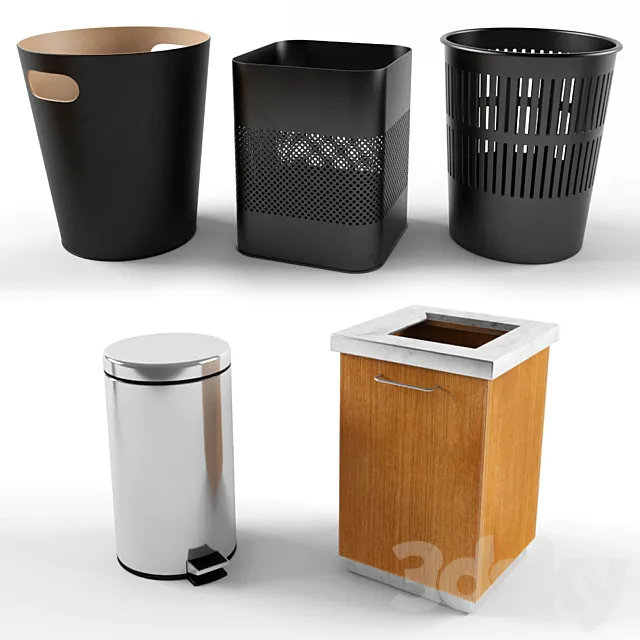 A set of trash bins in the office. 3DModel A set of trash bins in the office. 3DModel