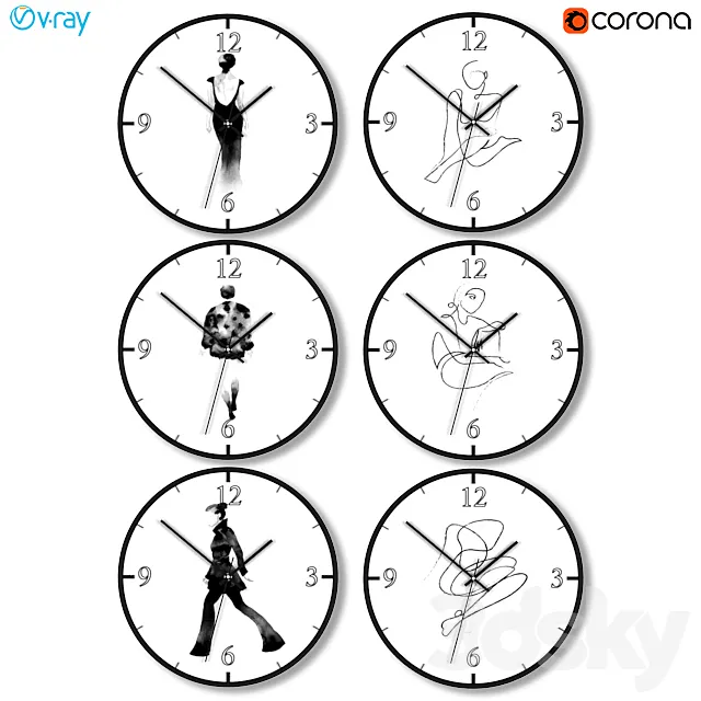 A set of wall clocks with fashion silhouettes 3D Model A set of wall clocks with fashion silhouettes 3D Model