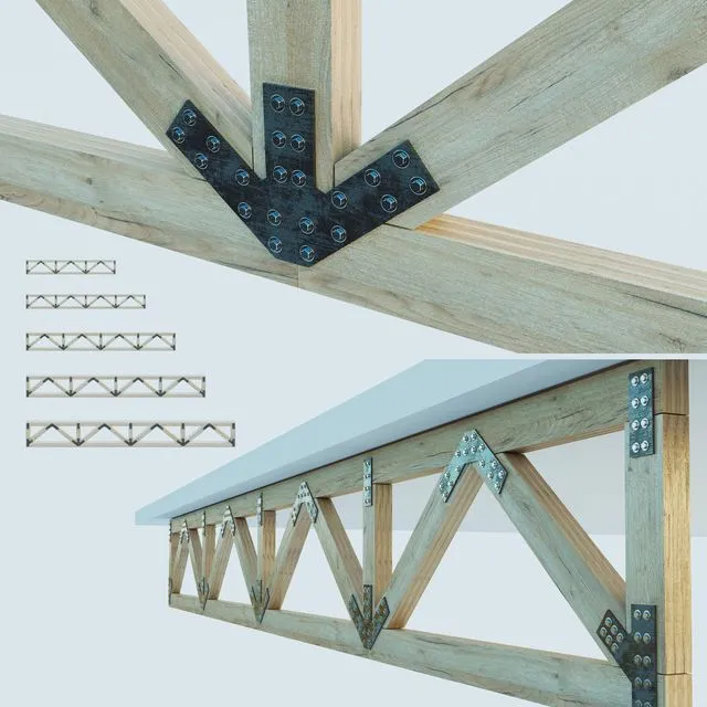 A set of wooden trusses with parallel belts. 6m 8m 10m 12m 14m 3D Model A set of wooden trusses with parallel belts. 6m 8m 10m 12m 14m 3D Model