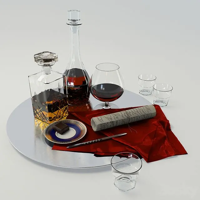 A set with a decanter of whiskey and brandy on a large platter 3D Model A set with a decanter of whiskey and brandy on a large platter 3D Model