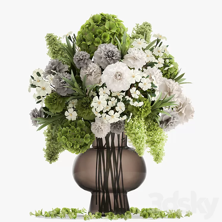 A wonderful bouquet of green spring flowers in a glass vase with hydrangeas lilacs peonies. 151. 3D Model