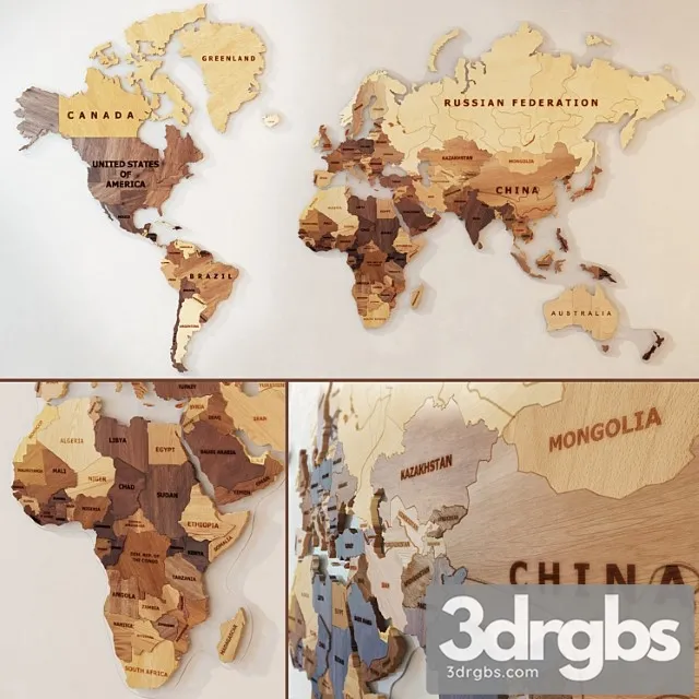 A world map made of wood. 3D Model Download