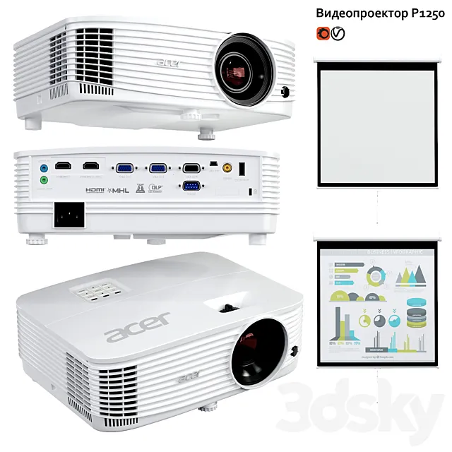Acer P1250 Multimedia Projector and Screen 3D Model