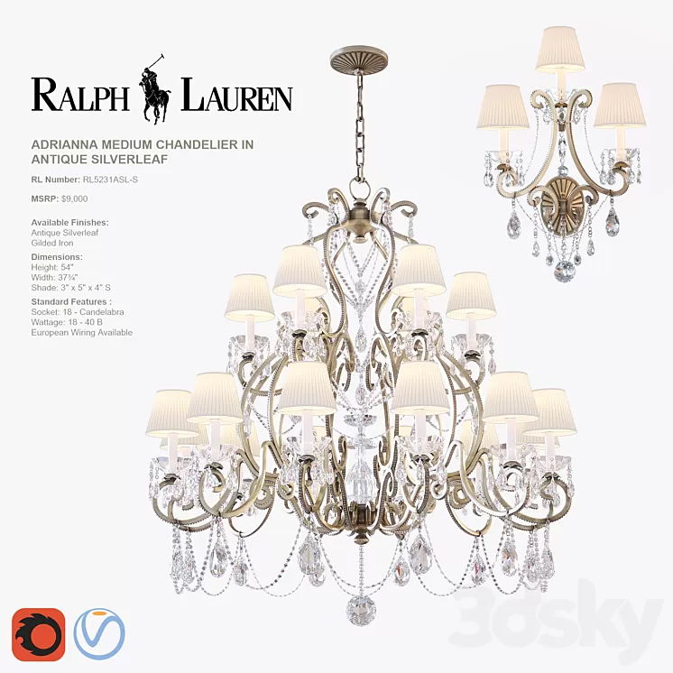 ADRIANNA MEDIUM CHANDELIER and TRIPLE SCONCE in antique silverleaf 3D Model ADRIANNA MEDIUM CHANDELIER and TRIPLE SCONCE in antique silverleaf 3D Model