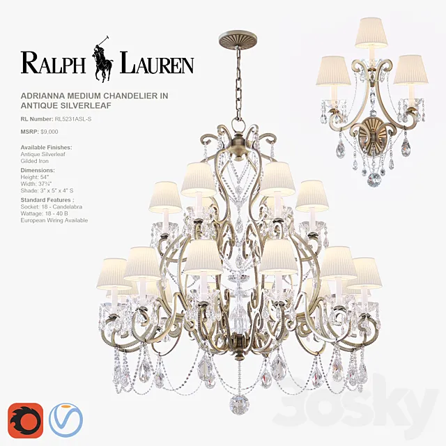 ADRIANNA MEDIUM CHANDELIER and TRIPLE SCONCE in antique silverleaf 3DModel