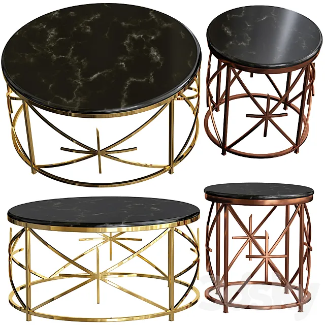 Alvaro Black Marble Coffee Table _ Rose Gold Side Table Set 3D Model