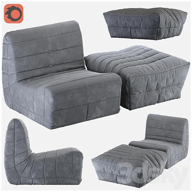 Armchair and pouf French (frameless technology FOAM) 3D Model