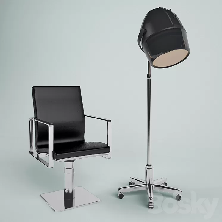 Armchair hairdresser and hair dryer 3D Model
