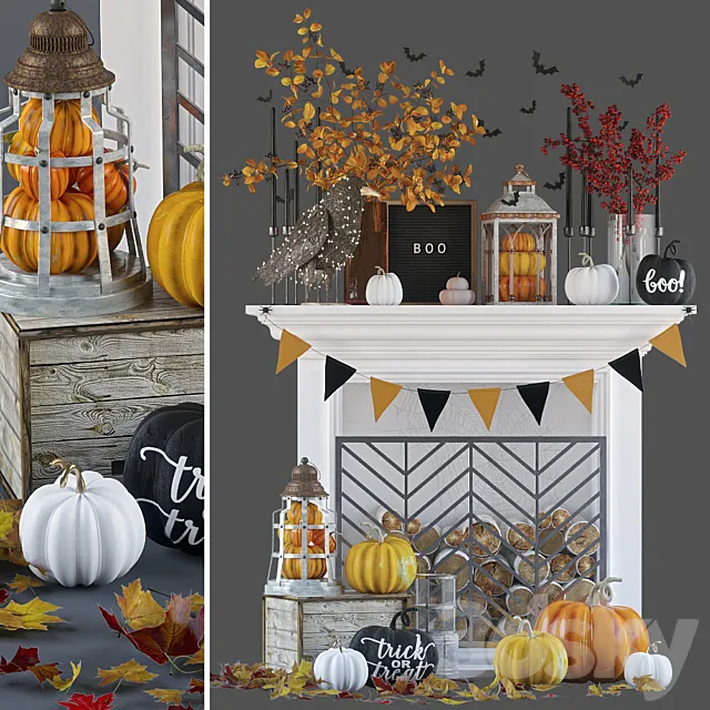 Artificial fireplace with autumn decor 3D Model