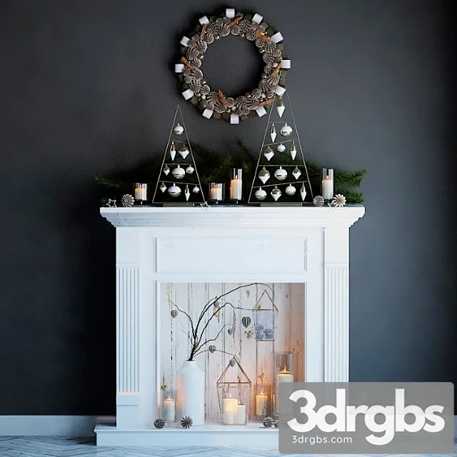 Artificial Fireplace With Candles and Christmas Decorations 3D Model Download
