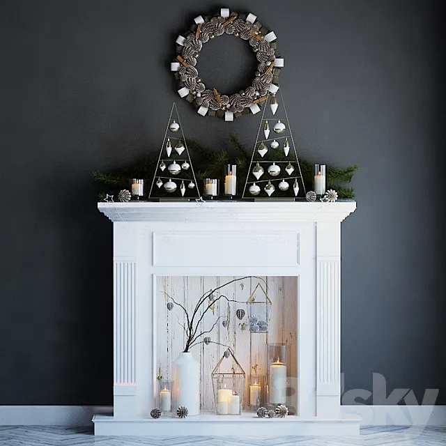 Artificial fireplace with candles and Christmas decorations 3D Model