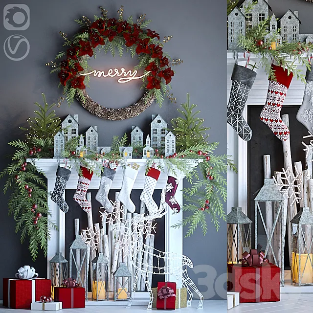 Artificial fireplace with Christmas decor 3 3DModel