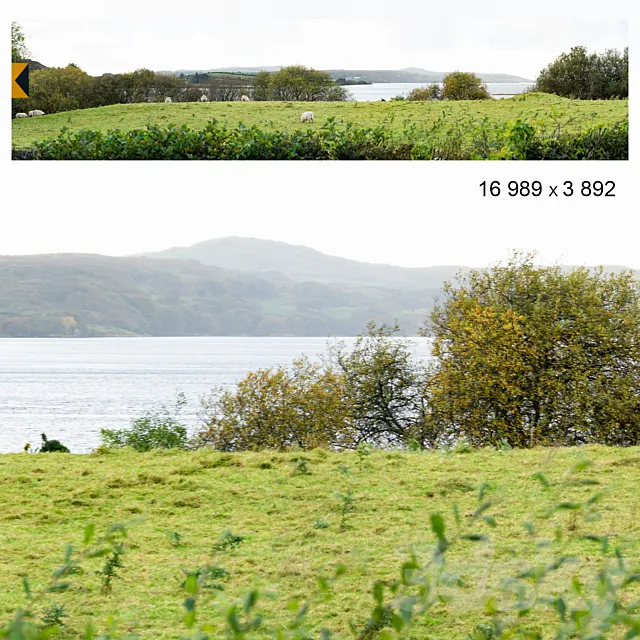Autumn panorama. Northern Ireland. View of the ocean bay and field. 3D Model Autumn panorama. Northern Ireland. View of the ocean bay and field. 3D Model