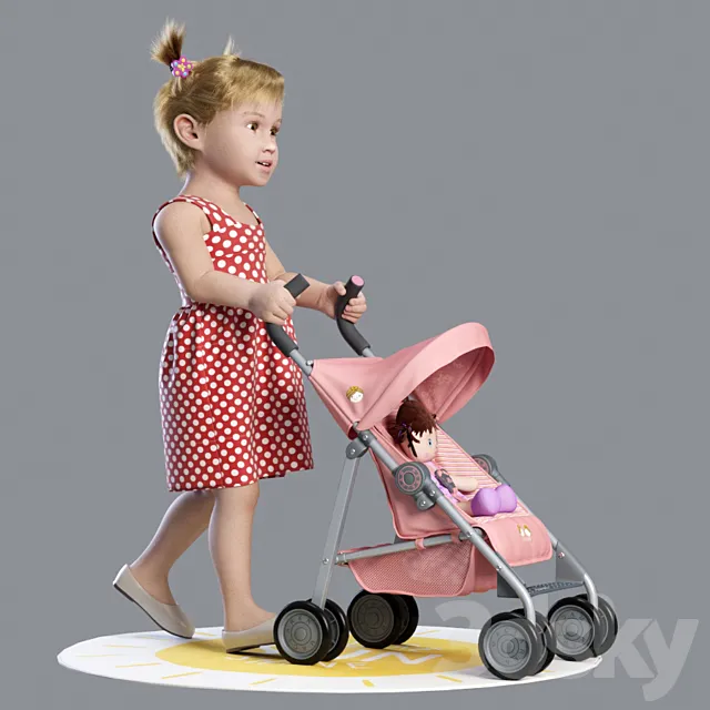 Baby walking with a pram 3D Model