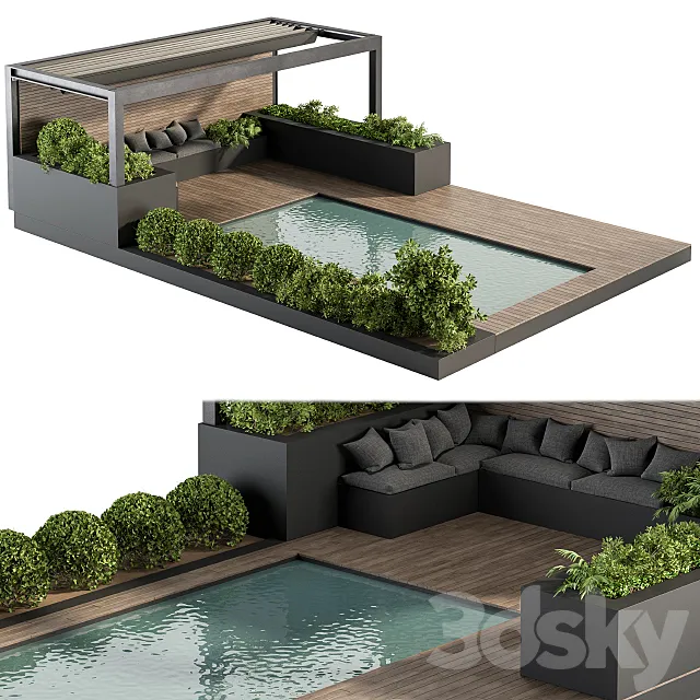 Backyard and Landscape Furniture with Pool 03 3D Model